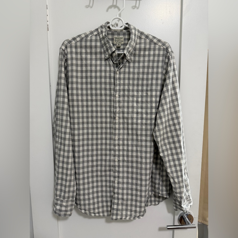 J. Crew Gray and White Gingham Button-Down Shirt